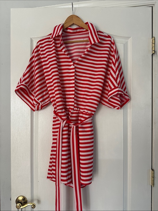 SHEIN Pants - SHEIN Red & White Striped Belted Jumpsuit
